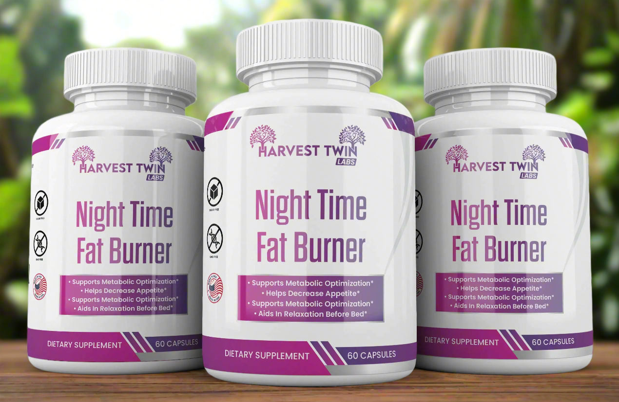 Image of three bottles of Blooming Violets' Night Time Fat Burner dietary supplement. This night time fat burner is designed to support metabolism and aid in weight loss, featuring a natural formula that also functions as a sleep aid. Free shipping available.