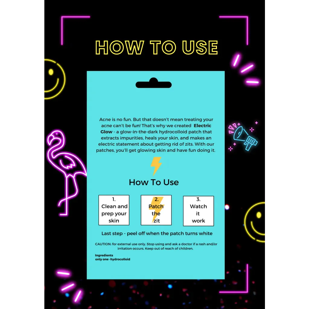 A creative visual demonstrating how to use Blooming Violets' Glow In The Dark Hydrocolloid Acne Pimple Patches. This image provides a fun and informative look at applying these glow in the dark pimple patches, ideal for acne treatment. Enjoy free shipping as part of your skincare essentials.