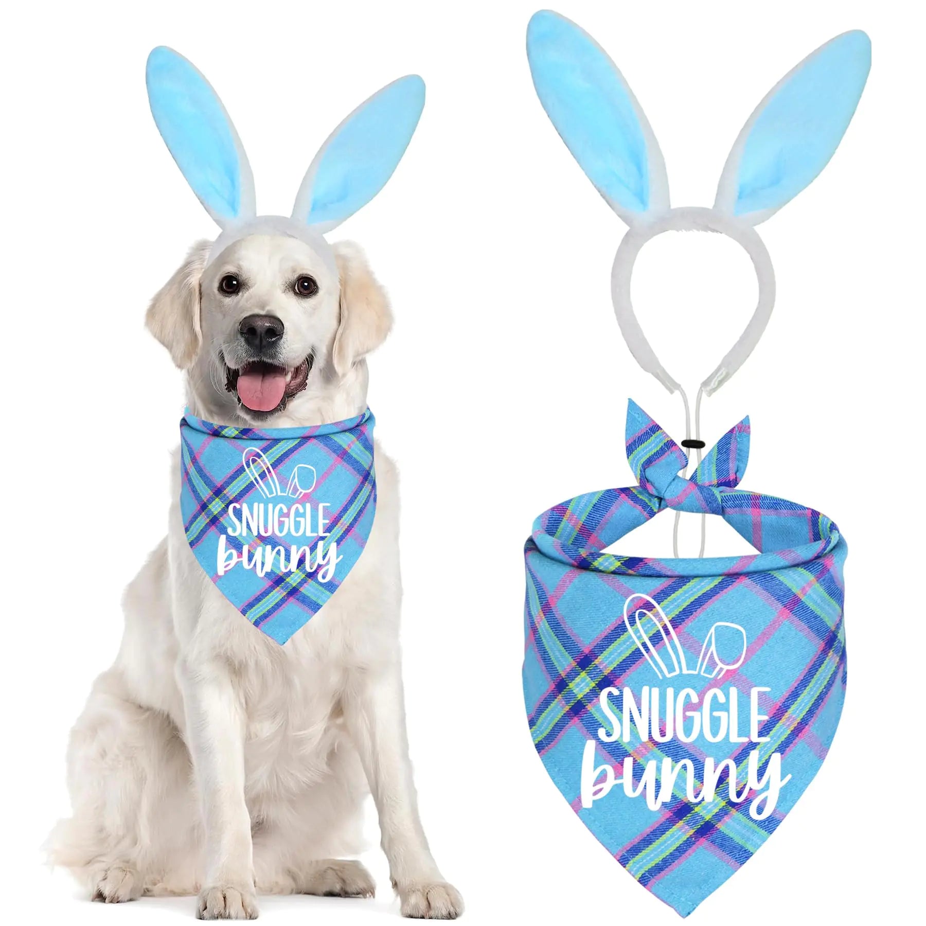 A happy dog dressed in a 'Snuggle Bunny' bandana and bunny ears, showcasing charming easter dog costumes by Blooming Violets. Ideal for fun Easter celebrations, this costume emphasizes pets in style with accessories like bandanas and bunny ears, all available with free shipping.