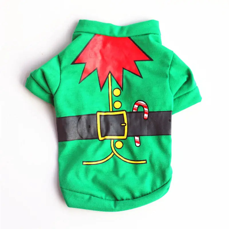 a green dog shirt with a christmas tree on it
