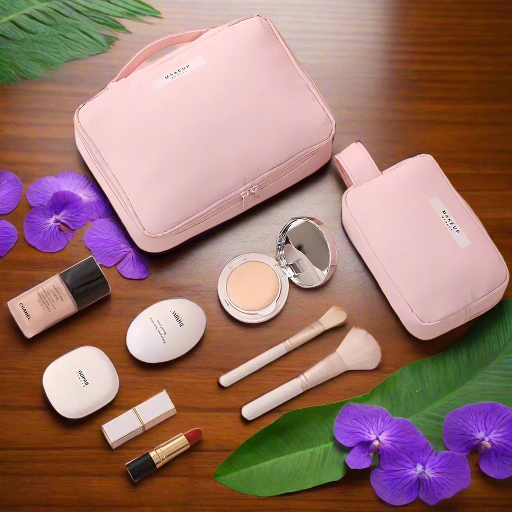 a pink bag sitting on top of a wooden table