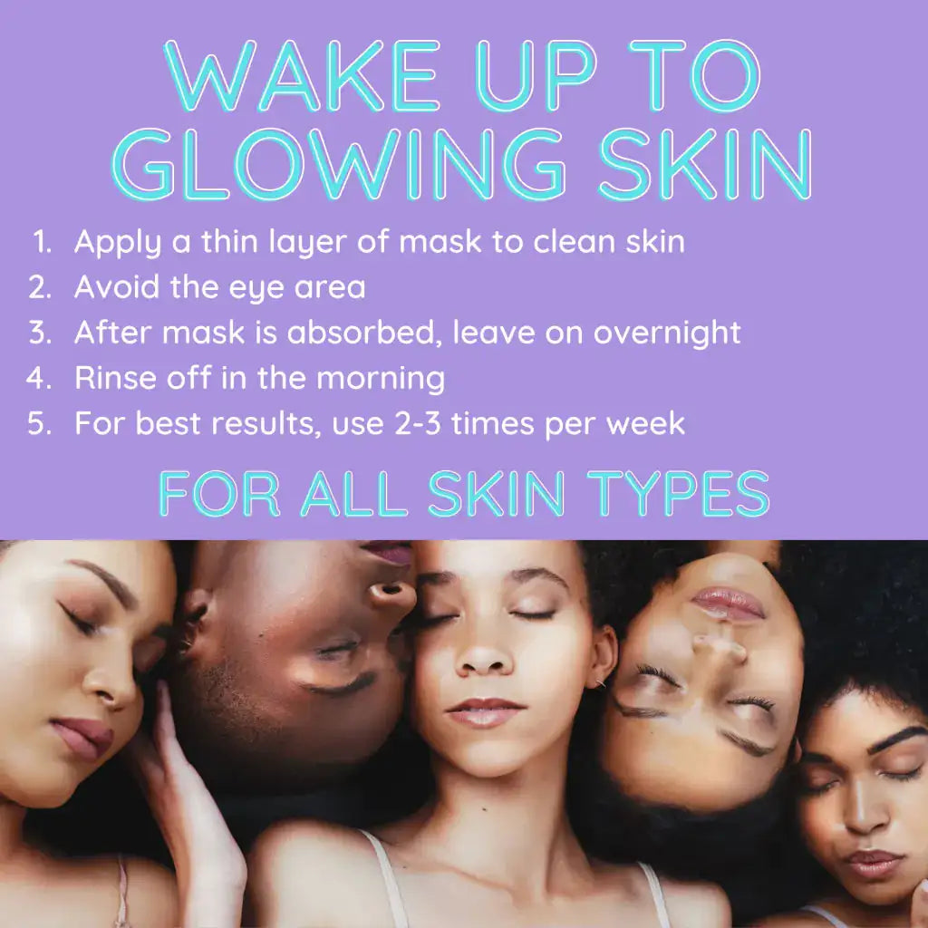 Instructions for using the Rosie Claire Overnight Hydrating Antioxidant Vitamin C Hyaluronic Acid Sleeping Facial Mask, providing tips for achieving glowing skin. A perfect guide for individuals of all ages, this mask offers a simple way to enhance overnight skincare. Order from Blooming Violets and take advantage of free shipping!