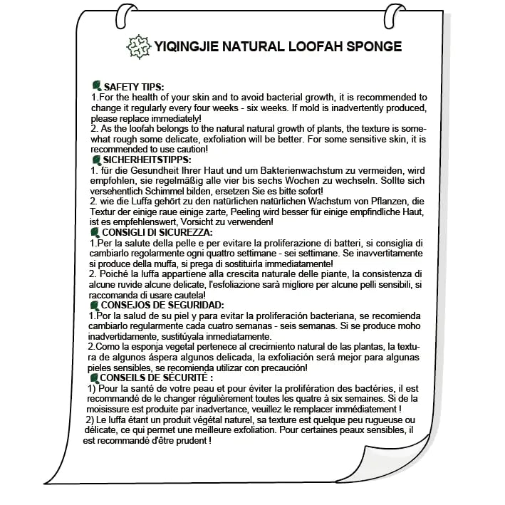 Safety tips for using the Yiqingjie Natural Loofah Sponge, emphasizing care and hygiene for healthy skin. Suitable for all users seeking an eco-friendly exfoliating sponge by Blooming Violets.