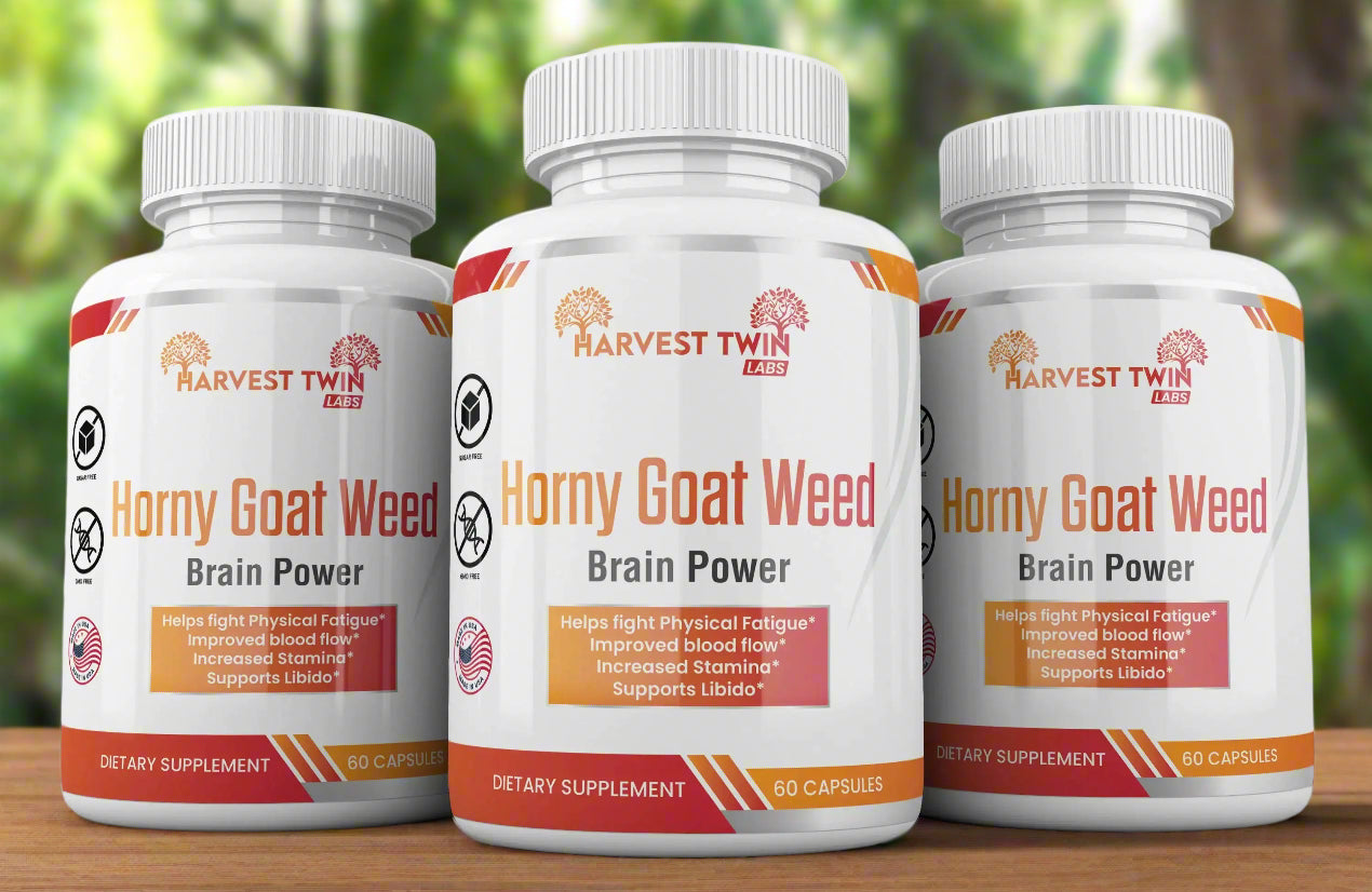 Three bottles of Horny Goat Weed Blend from Blooming Violets, designed for male enhancement with claims of improved endurance, stamina, and libido, emphasizing natural ingredients that promote blood flow for enhanced vitality in men. A great choice for those exploring male enhancement herbs with the benefit of free shipping.