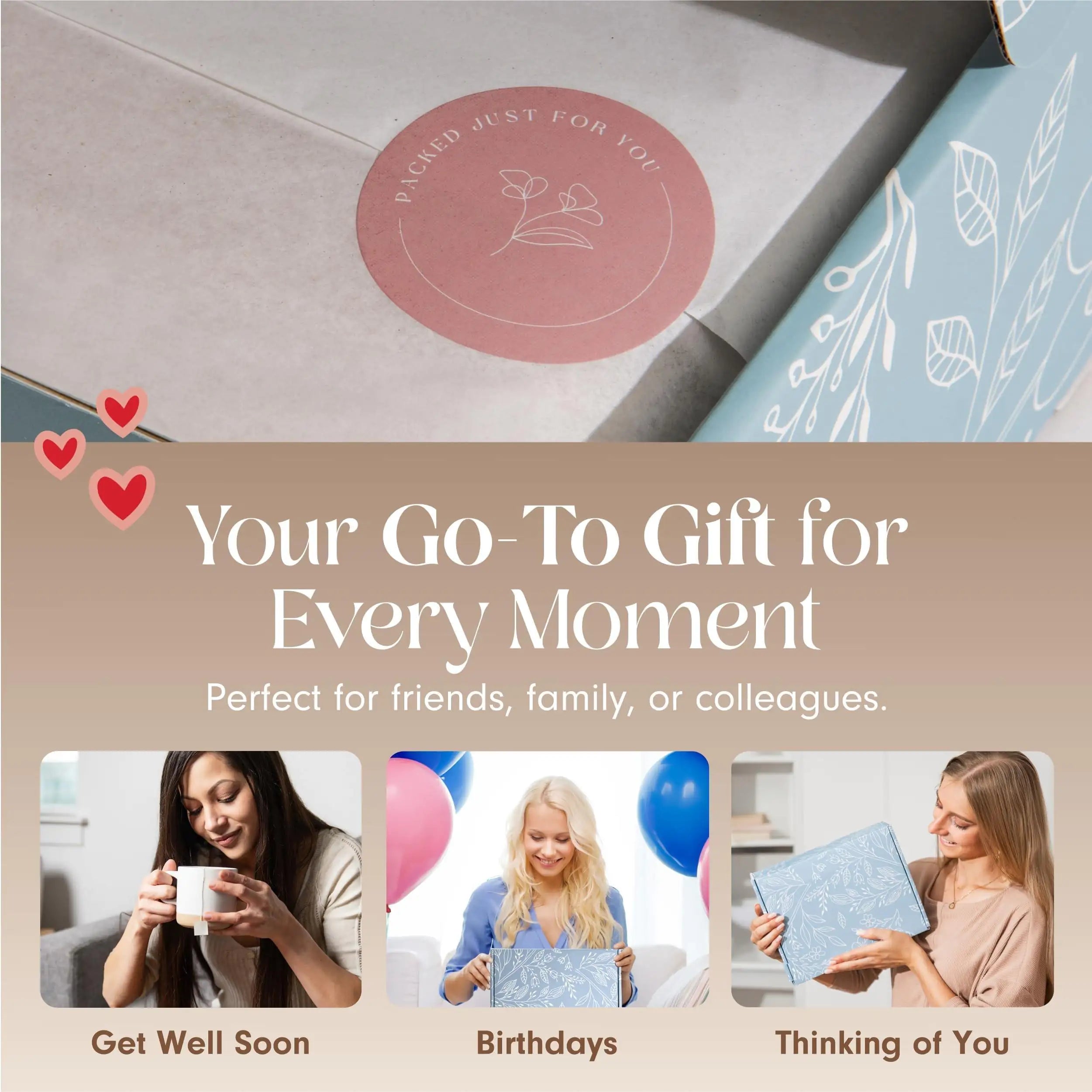 a woman holding a gift box with a message on it