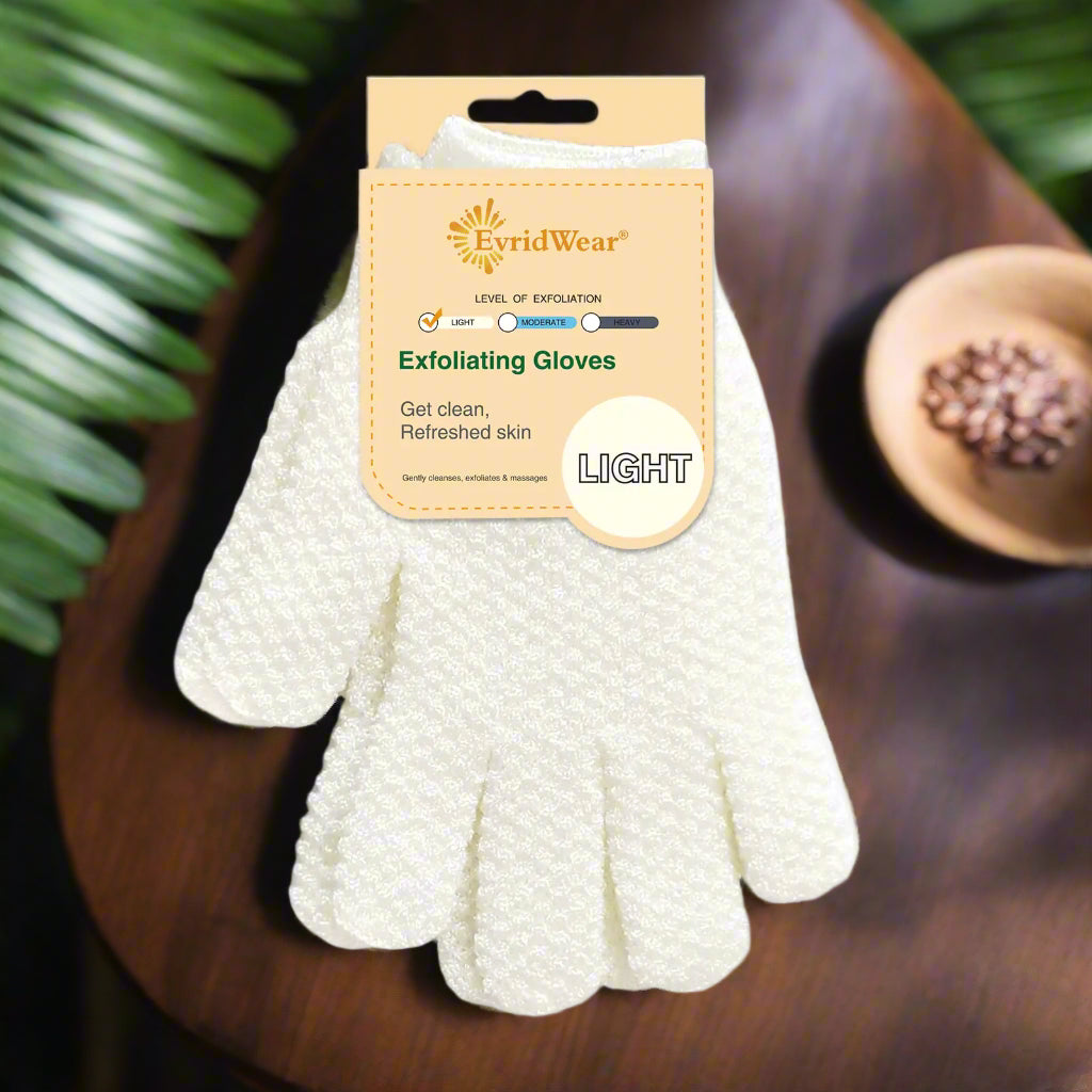 Evridwear Exfoliating Dual Texture Bath Gloves for Shower, Spa, and Massage. These white exfoliating bath gloves promote circulation and healthy skin through their rejuvenating nylon fabric, perfect for manual exfoliation and skincare routines. Unisex design enhances massage benefits.