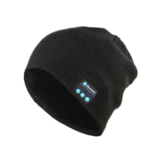 a black beanie with a blue light on it