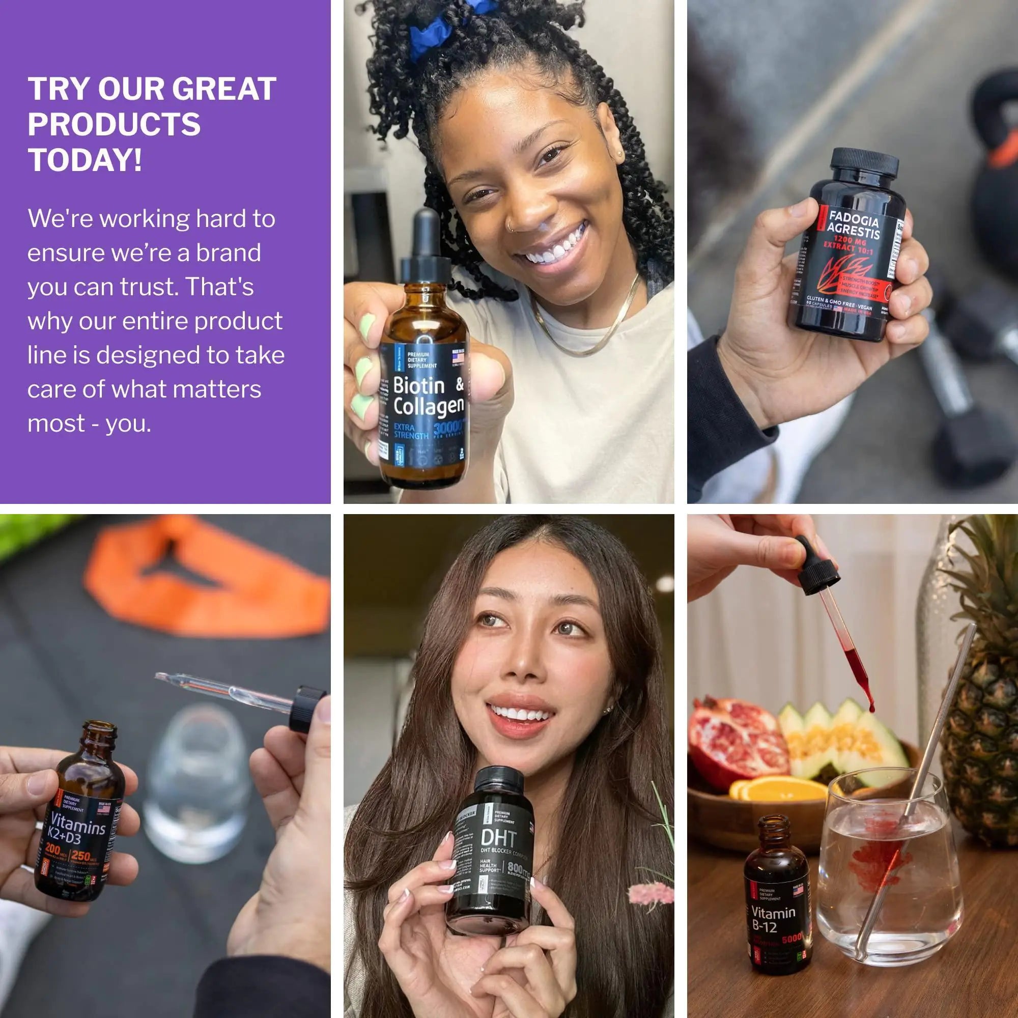 A diverse range of wellness products by Blooming Violets, featuring a model happily showcasing a Biotin & Collagen serum. This image highlights the multi magnesium complex supplement alongside other health products designed for stress relief and relaxation. Enjoy free shipping with your purchase of magnesium supplements targeting sleep and calming effects, including citrate, oxide, malate, and taurate.