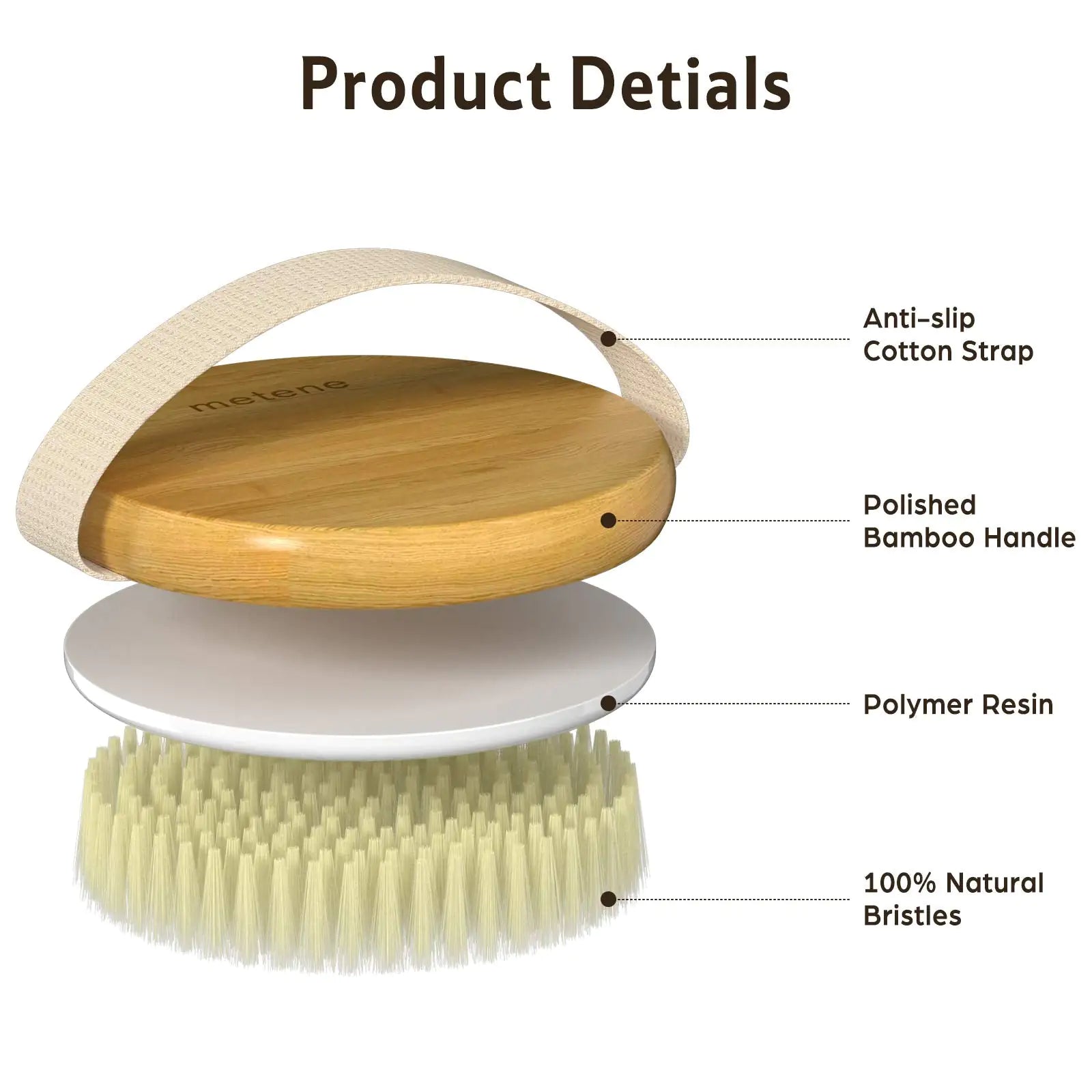 Close-up of the Metene bamboo body scrubber, highlighting its polished bamboo handle, anti-slip cotton strap, and 100% natural bristles. A perfect tool for both wet and dry brushing, promoting healthy skin and exfoliation. Available from Blooming Violets with free shipping.
