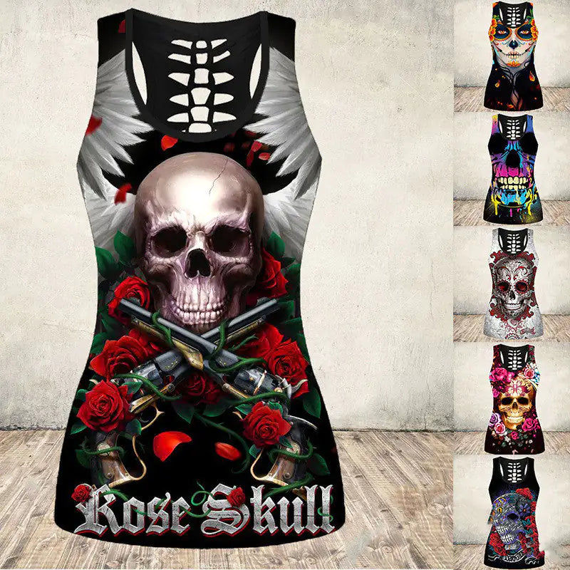 a women's tank top with a skull and roses on it