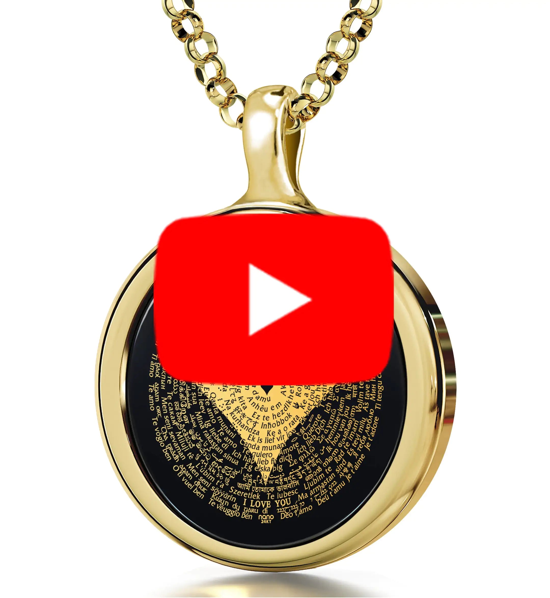 a gold necklace with a red arrow on it