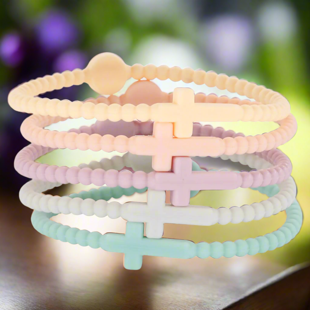 5Pcs Cross Silicone Bracelet Colorful Rubber Cross Bracelets Protection Pray Inspirational Faith Religious Christian Bracelet for Women Men Jewelry from Blooming Violets, designed for those who cherish their Christian faith jewelry. This colorful bracelet set combines rubber and silicone, representing inspiration and protection in a stylish design.