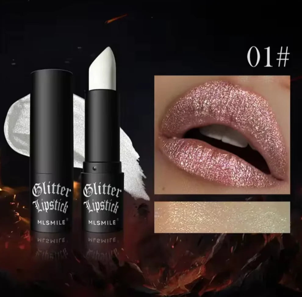 a close up of a lipstick with glitter on it