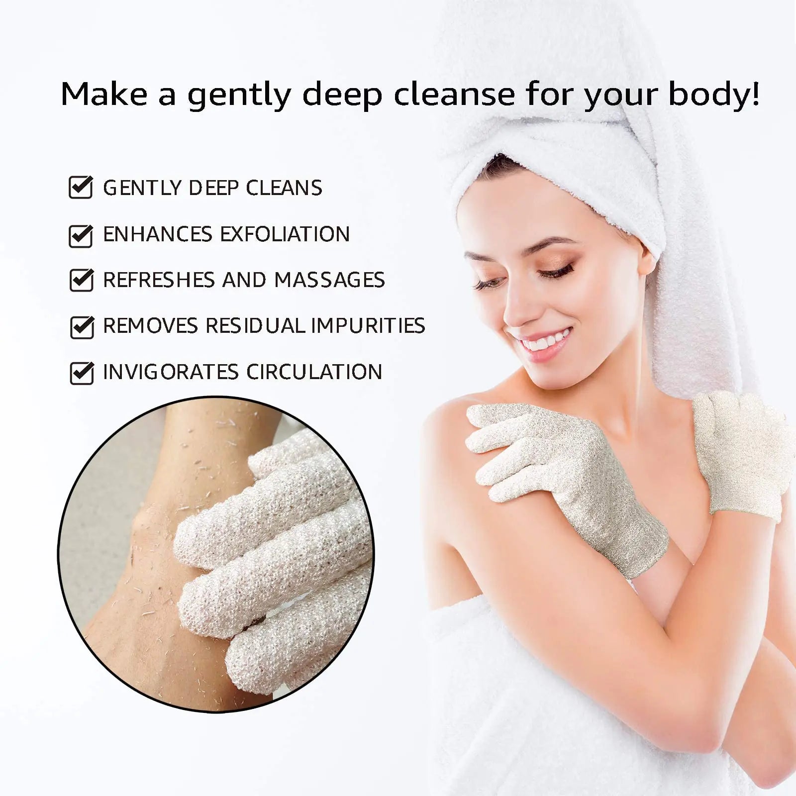 A woman using Evridwear Exfoliating Dual Texture Bath Gloves in a refreshing bath experience. These exfoliating bath gloves help enhance circulation, rejuvenate skin, and provide effective skincare with a manual massage action. Ideal for a healthy skin routine, unisex and made of soft nylon.