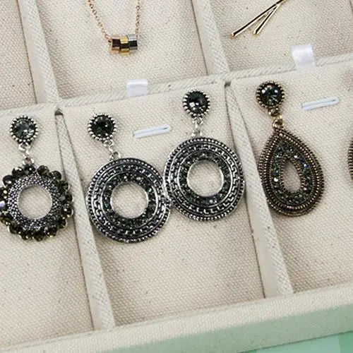 a display case with a variety of earrings in it