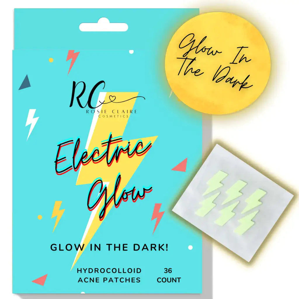 The packaging of Blooming Violets' Glow In The Dark Hydrocolloid Acne Pimple Patches is displayed alongside the actual patches. This engaging visual promotes the product's vibrant, electric design. Ideal for anyone searching for effective acne solutions, these glow in the dark pimple patches combine functionality with fun, all while offering free shipping.