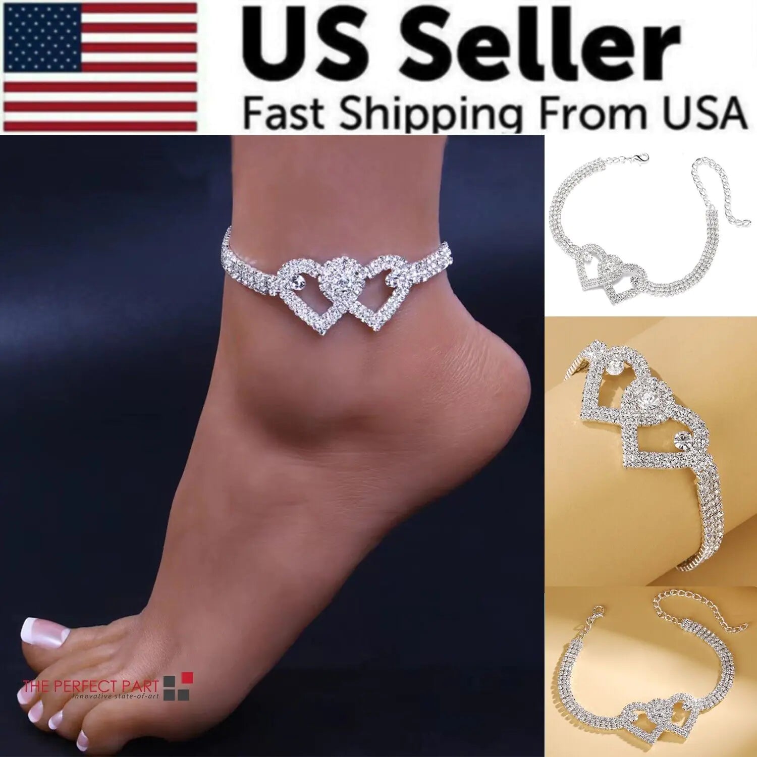 a woman's foot with a heart shaped diamond bracelet