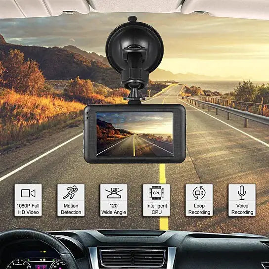 a dash camera mounted on the dashboard of a car
