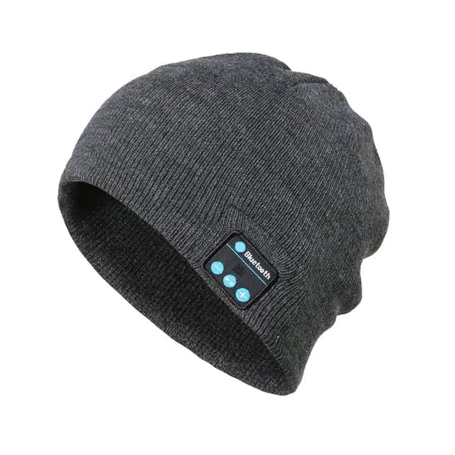 a beanie hat with a blue light on it
