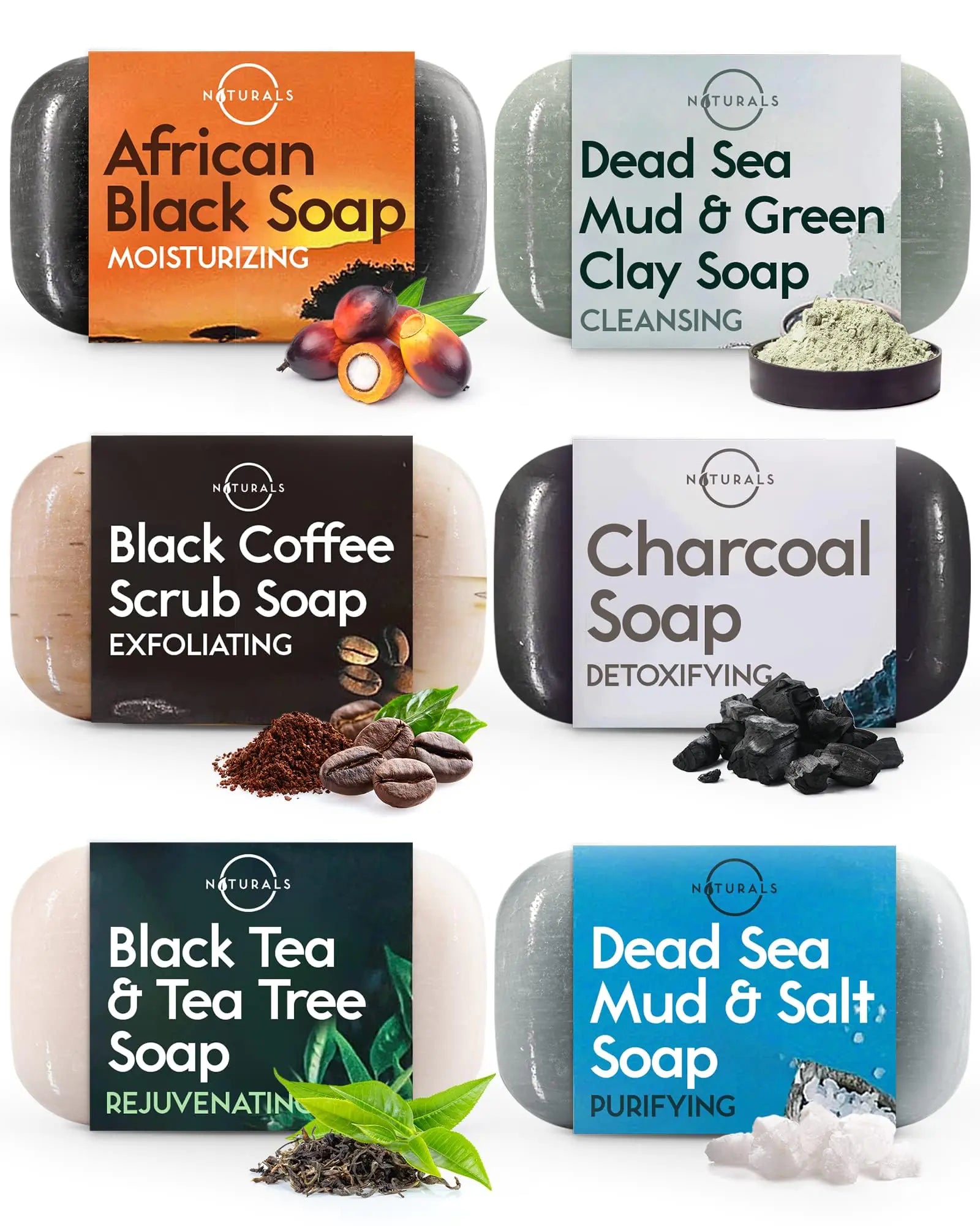 six soap bars with different types of soaps on them