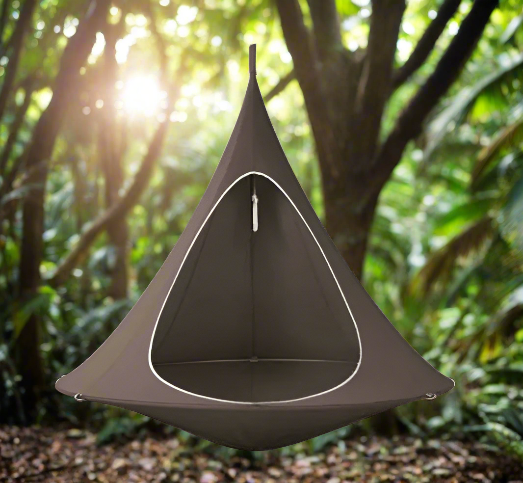 Blooming Violets Outdoor Air Hanging Hammock Tent Cone Chair in dark brown color, designed for comfortable outdoor lounging. This hammock tent chair is constructed with lightweight materials and offers strong bearing capacity. Its foldable design and easy installation make it a perfect accessory for any outdoor swing.