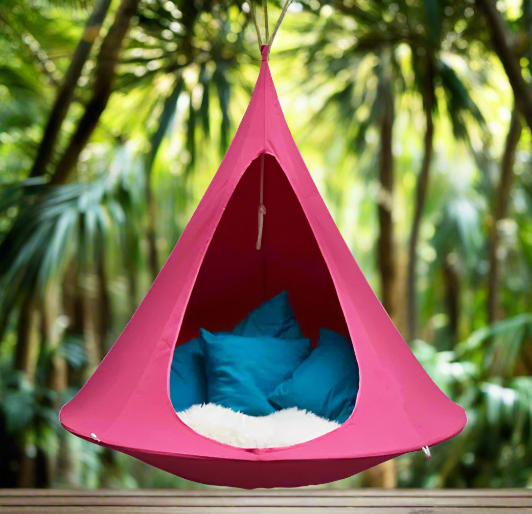 Blooming Violets Outdoor Air Hanging Hammock Tent Cone Chair in pink color, featuring a cozy interior with blue cushions, perfect for relaxing outdoors. This hammock tent chair is lightweight, portable, and made of durable oxford cloth. It’s easy to install and foldable, making it an excellent choice for sunshade and outdoor swinging.