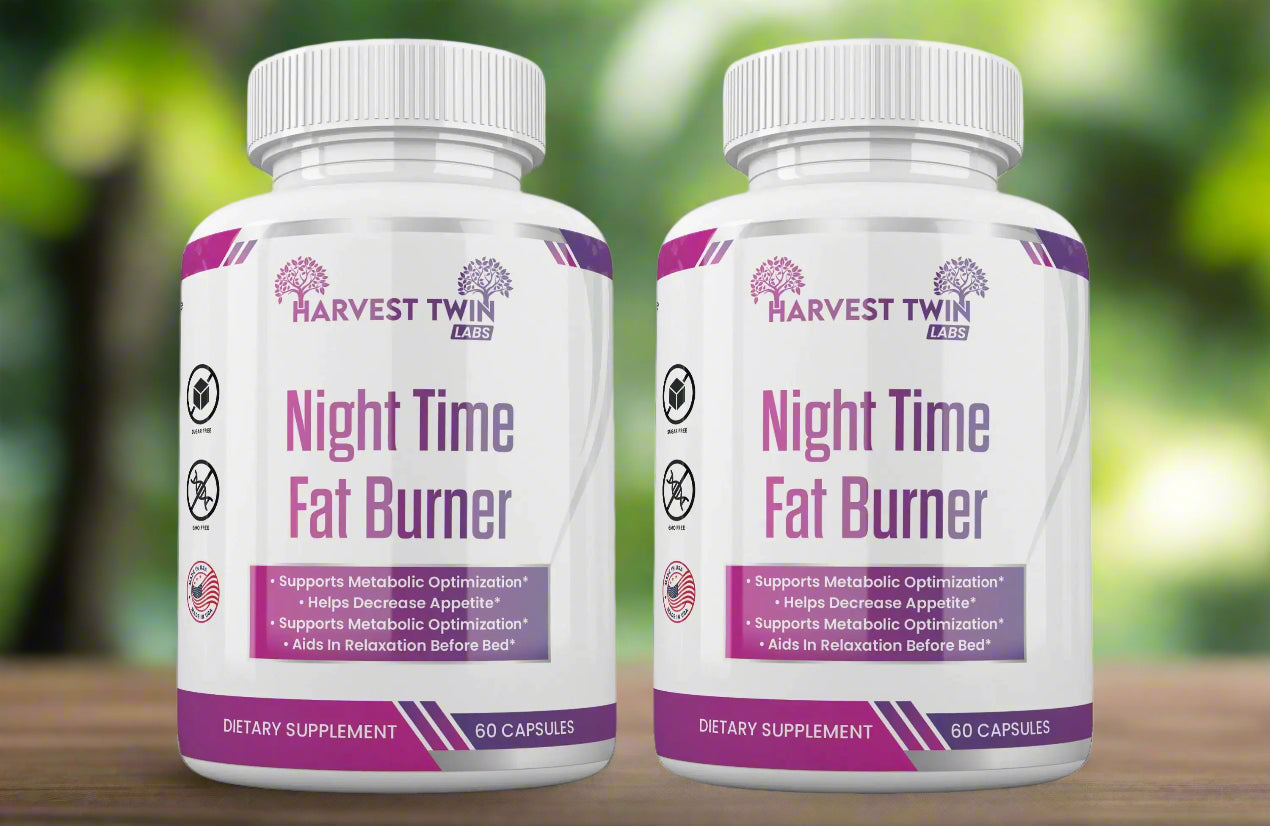 Image featuring two bottles of Blooming Violets' Night Time Fat Burner. This natural fat burner promotes metabolism and enhances sleep quality, making it ideal for those seeking effective weight loss solutions. The supplement is available with free shipping.