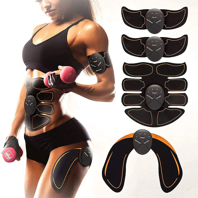 a woman with a pair of knee pads and a pair of dumbbells
