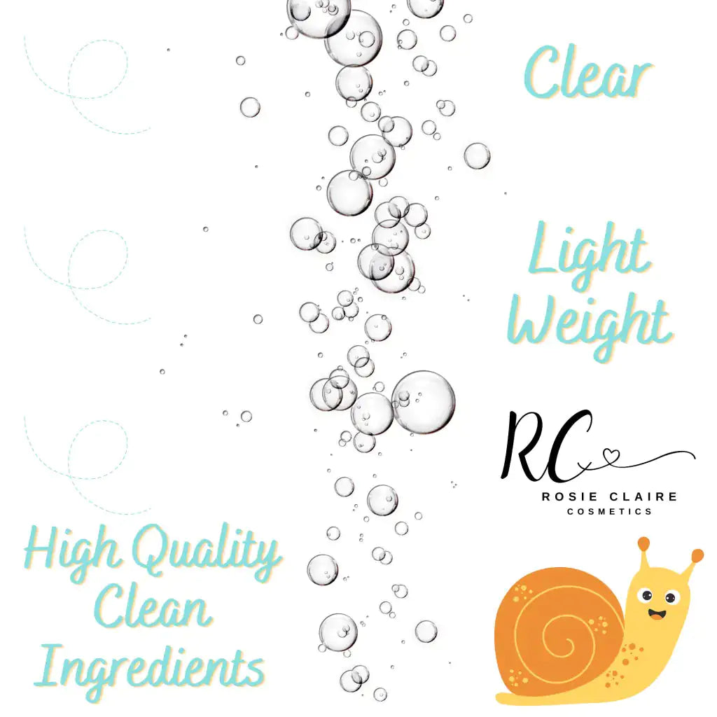 Clear bubbles representing the lightweight and high-quality ingredients of Rosie Claire Cosmetics Snail Mucin Serum. This serum is essential for a rejuvenating skin care routine at Blooming Violets, where you can enjoy free shipping.