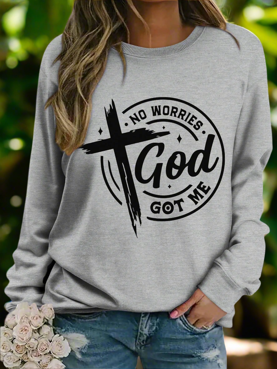Christian Sweatshirts for Women - No Worries God Got Me Graphic Crew Neck Pullover Tops, Grey S