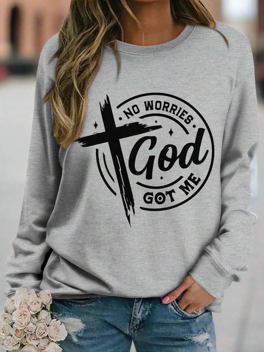 Stylish OUNAR Christian Sweatshirt for Women from Blooming Violets featuring the design 'No Worries God Got Me', ideal for casual wear. This cozy sweatshirt is perfect for ladies seeking a blend of faith and fashion, making it a great choice for religious occasions or everyday outings. Christian sweatshirts for women that embrace spiritual themes and celebrate the message of God.