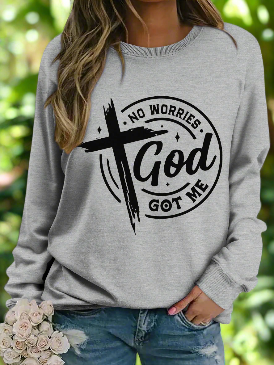 Christian Sweatshirts for Women - No Worries God Got Me Graphic Crew Neck Pullover Tops, Grey S