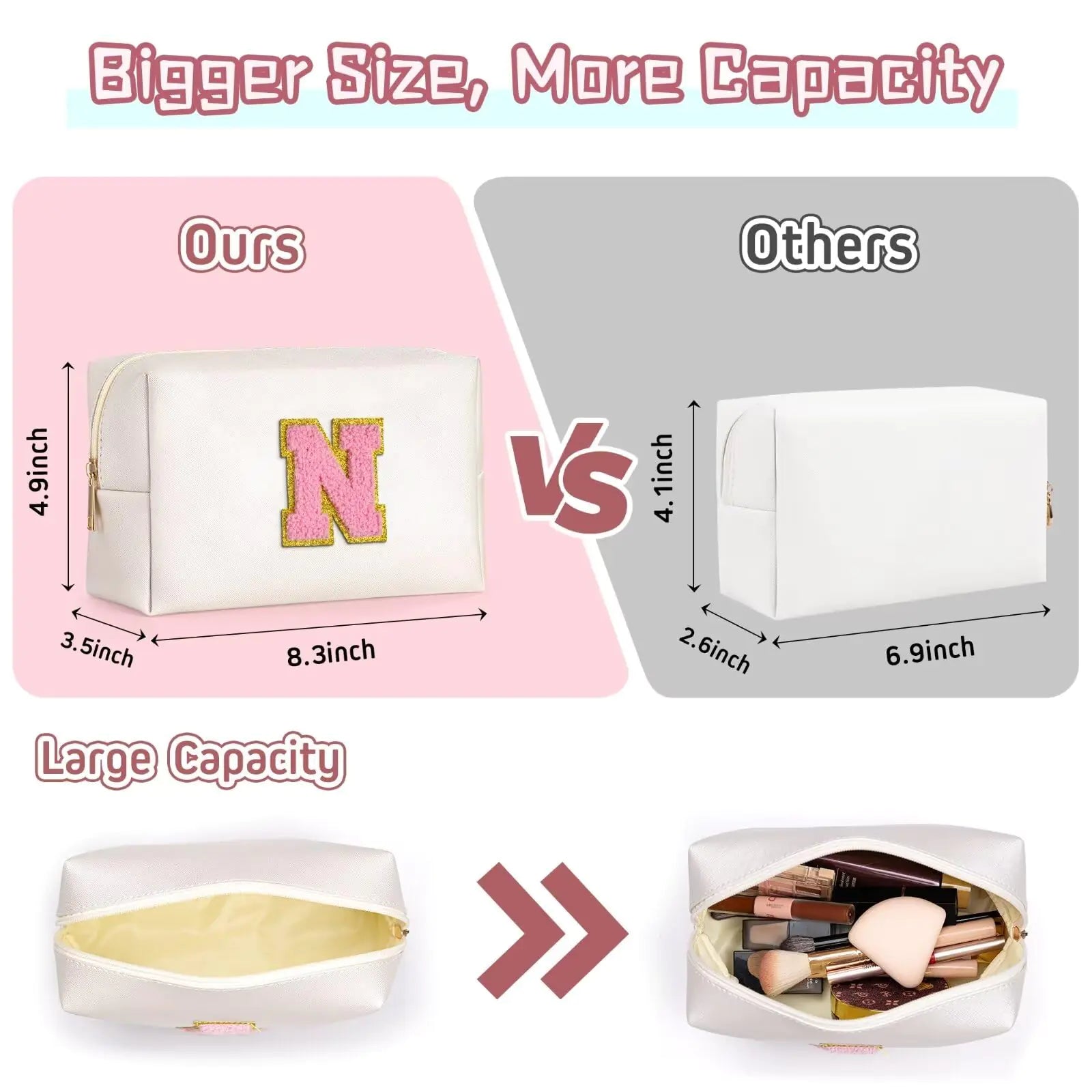 a white bag with a pink letter on the side and a white bag with a