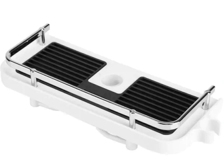 Front view of the no drilling shower caddy from Blooming Violets, featuring a sleek and waterproof design. The rack is made from durable materials and offers a space-saving solution for bathroom organization, perfect for renters who prefer adhesive installations.