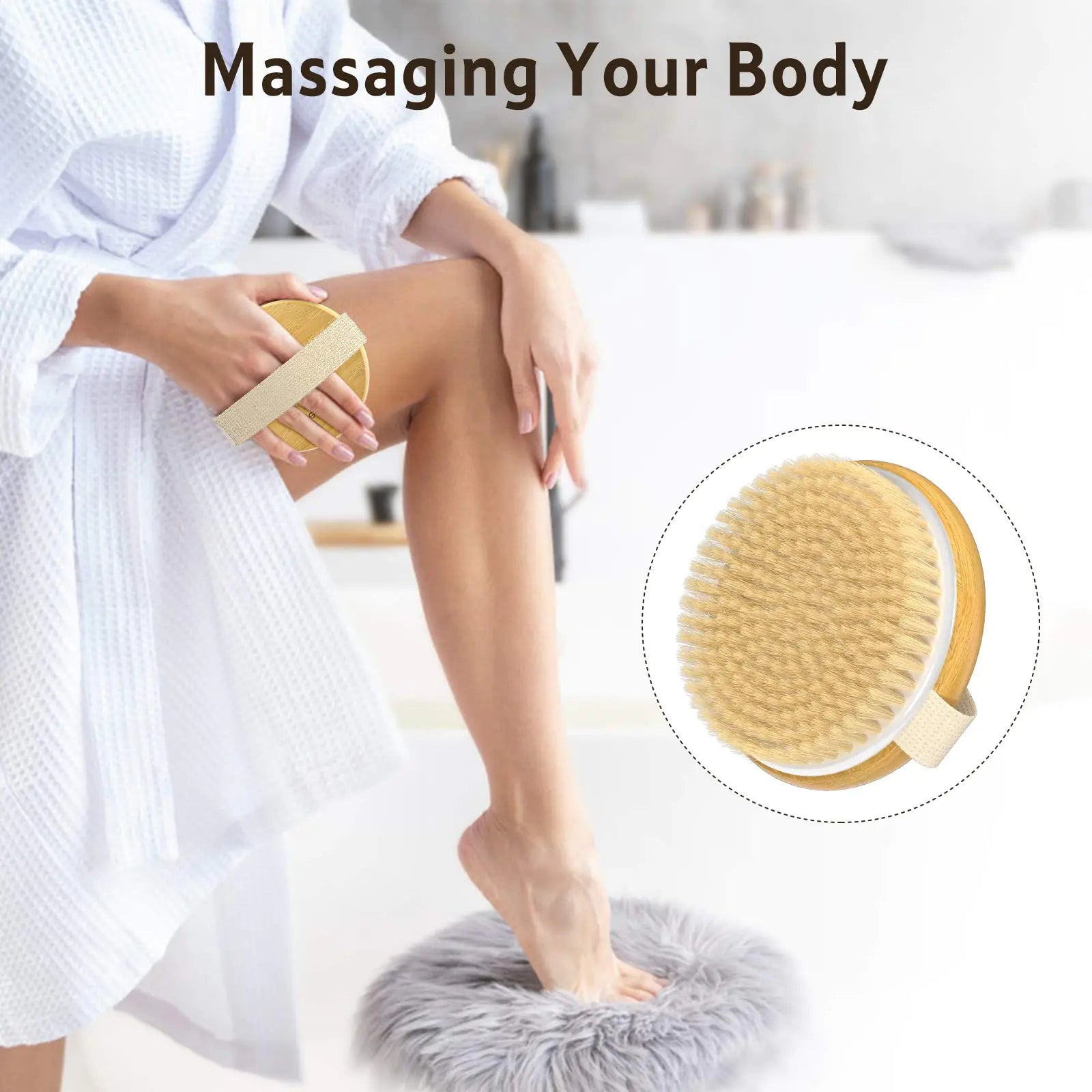 A person in a white bathrobe using a Metene bamboo body scrubber to massage their leg, showcasing the benefits of the dry brush for exfoliation as part of a self-care routine. Blooming Violets offers free shipping on this eco-friendly bamboo dry brush.