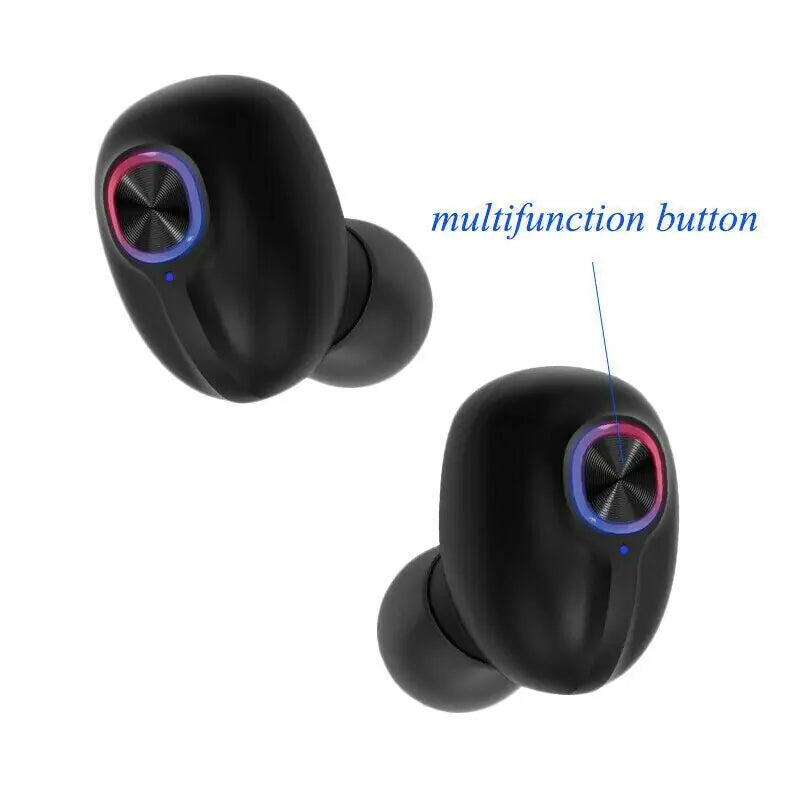 a pair of black ear buds with a blue light in the middle