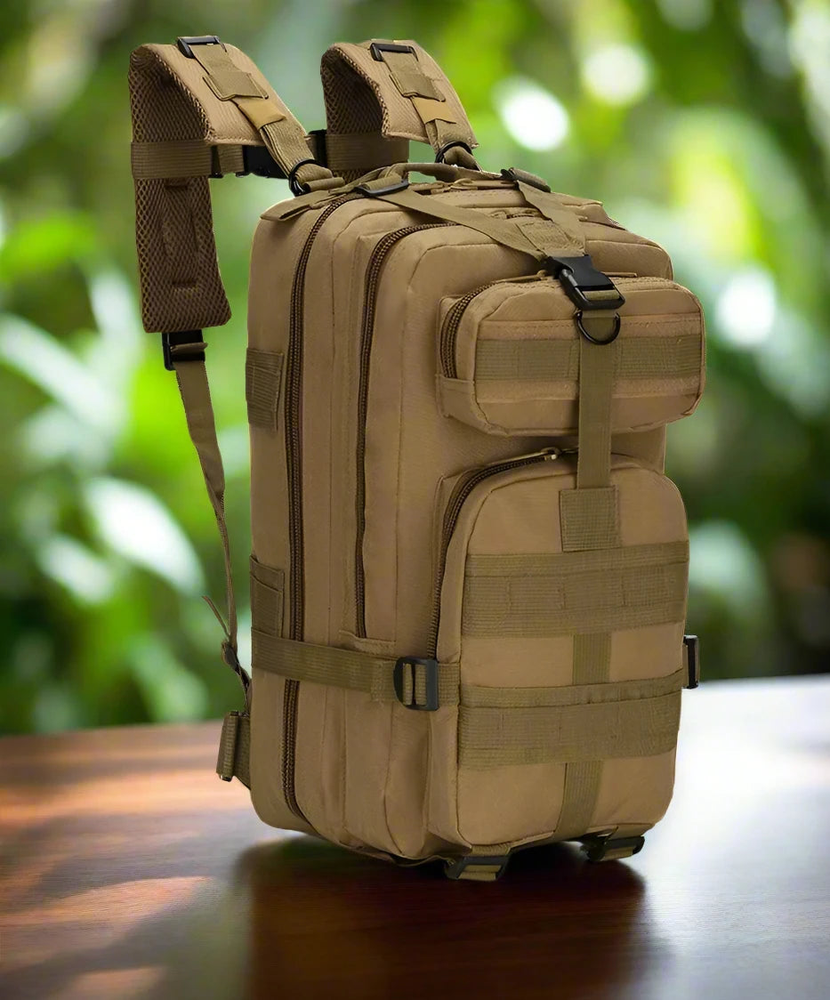 a backpack sitting on top of a wooden table