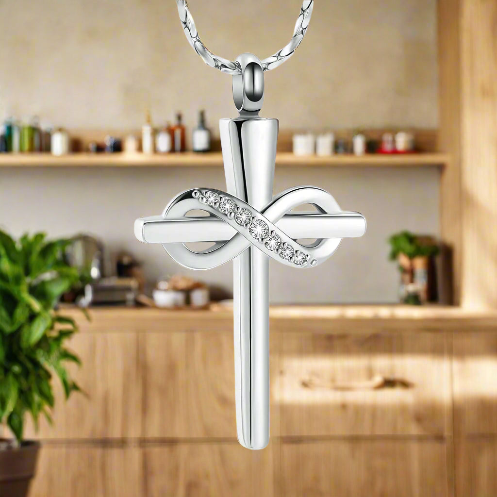 Imrsanl Infinity Love Cross Cremation Jewelry Ashes Religious Cross Urn Pendant Necklace for Women Men Pet Ashes Memorial Keepsake Jewelry, elegantly displayed against a cozy kitchen backdrop. This stunning silver pendant represents christian faith and love, making it a cherished keepsake for ladies and men alike. Ideal for honoring pets and family members.