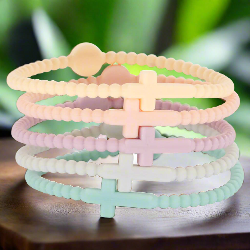 5Pcs Cross Silicone Bracelet Colorful Rubber Cross Bracelets Protection Pray Inspirational Faith Religious Christian Bracelet for Women Men Jewelry by Blooming Violets, showcasing vivid colors and Christian faith jewelry. This set features rubber and silicone materials crafted for comfort, symbolizing faith, hope, and inspiration in a Catholic context.