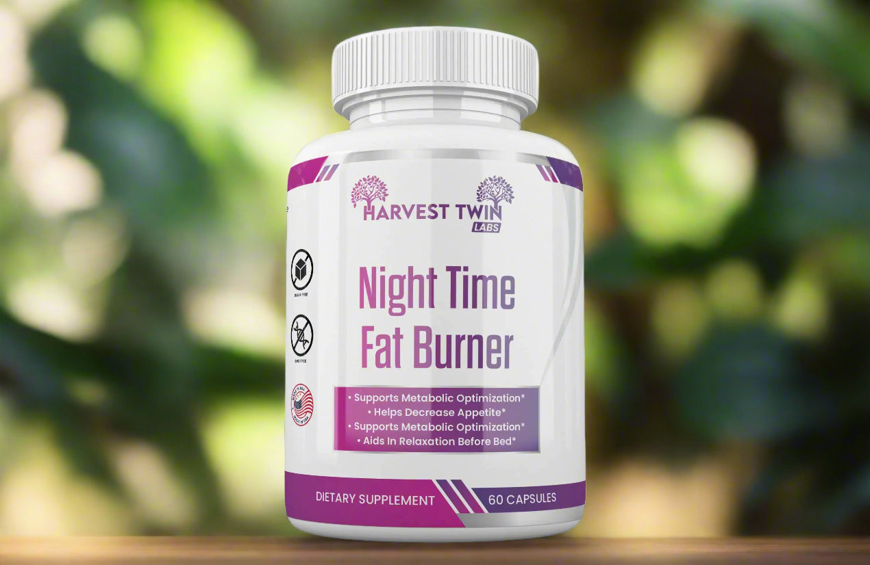 Close-up of a bottle of Blooming Violets' Night Time Fat Burner, showcasing its natural ingredients aimed at boosting metabolism and promoting restful sleep. This vitamin and dietary supplement aids in weight loss and supports metabolic health, with free shipping options.