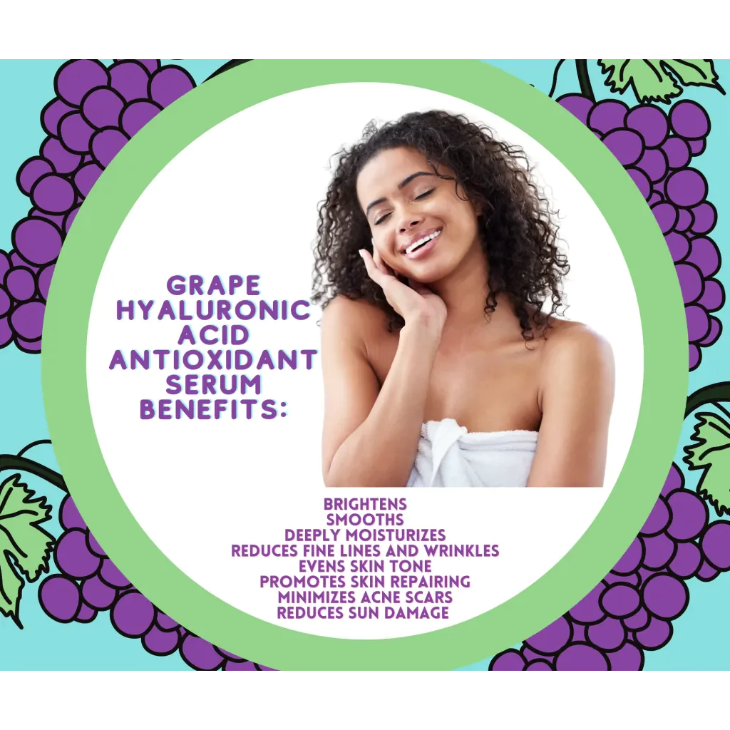 Benefits of Rosie Claire Cosmetics Grape Hyaluronic Acid Antioxidant Serum outlined with a satisfied user enjoying refreshed skin. This serum, rich in vitamin C and antioxidants, serves as an essential part of any skincare routine. Available via Blooming Violets, it comes with free shipping.