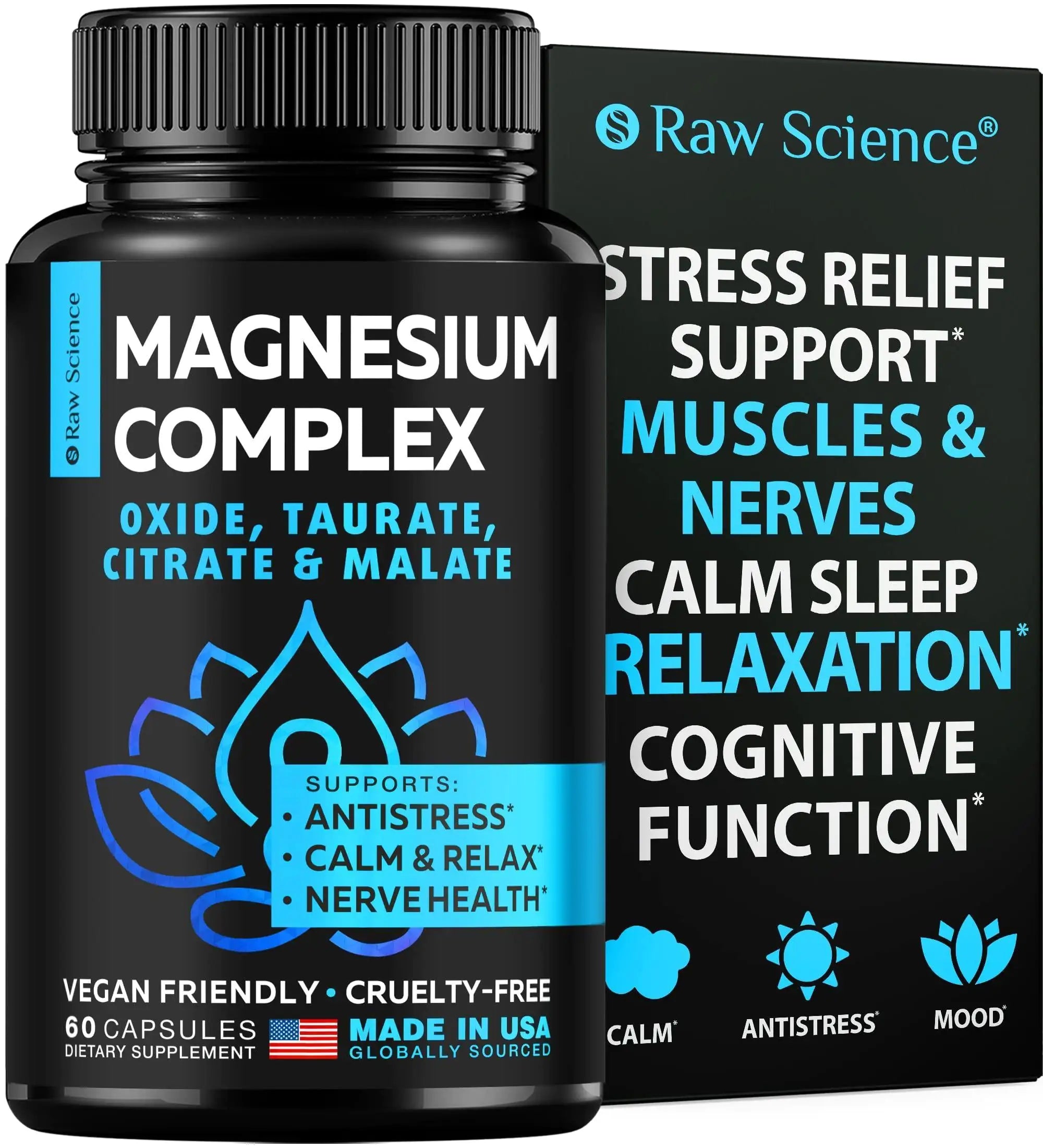 The Blooming Violets multi magnesium complex supplement displayed in a stylish and informative packaging highlighting various benefits such as stress relief and cognitive function. This bottle includes magnesium oxide, citrate, taurate, and malate to support relaxation and sleep, available with free shipping.