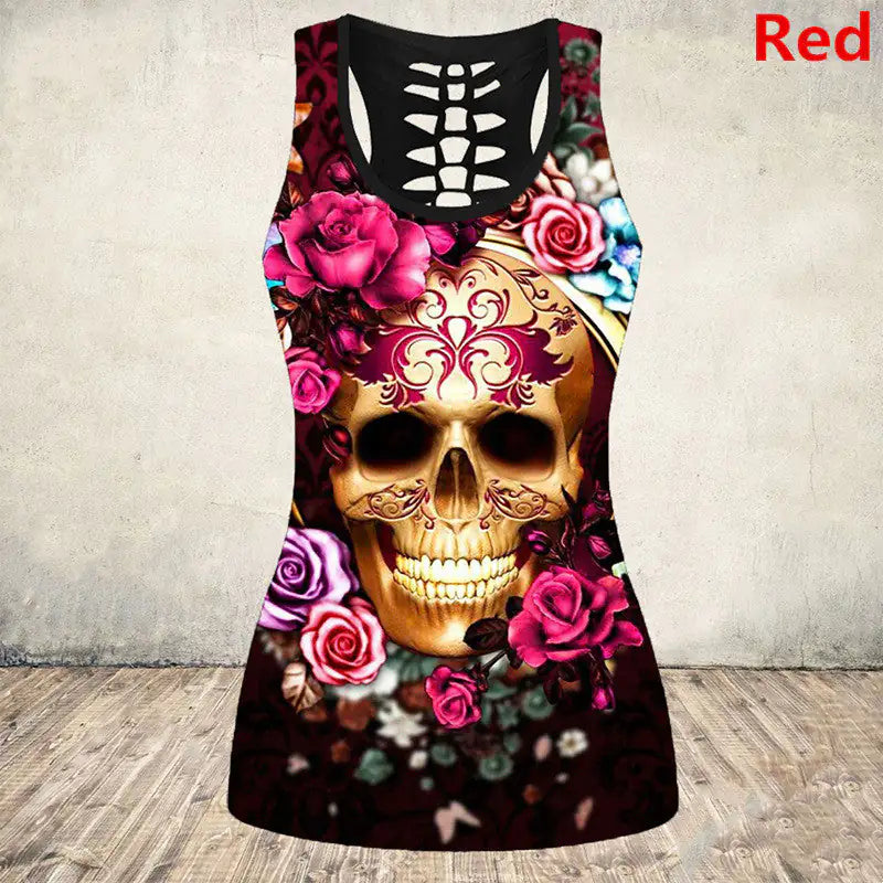 a women's tank top with a skull and roses on it