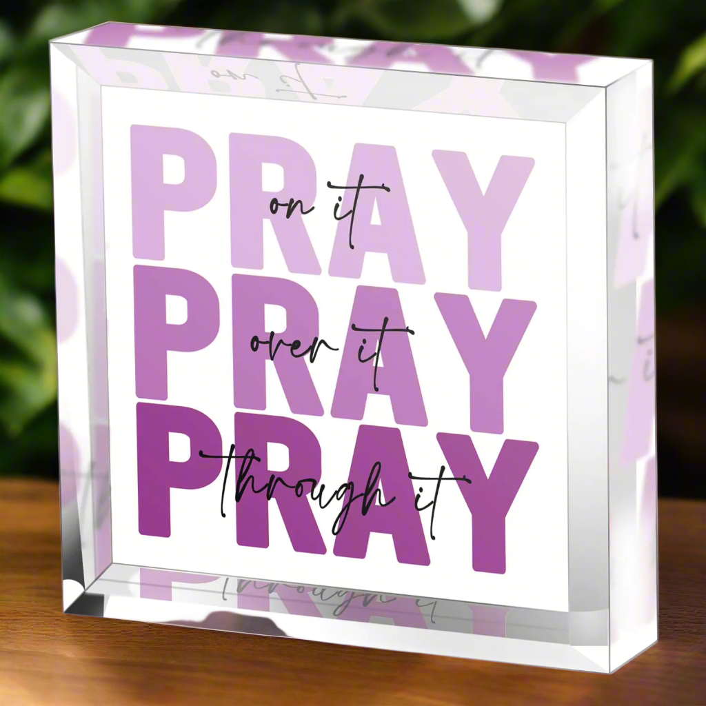 Zaxek Purple Christian Gifts for Women by Blooming Violets featuring an inspirational plaque that says 'PRAY on it, PRAY over it, PRAY through it.' Perfect as gifts for her, this elegant purple decor item embodies faith, hope, and a strong religious message. Ideal for ladies seeking motivational reminders in their home.
