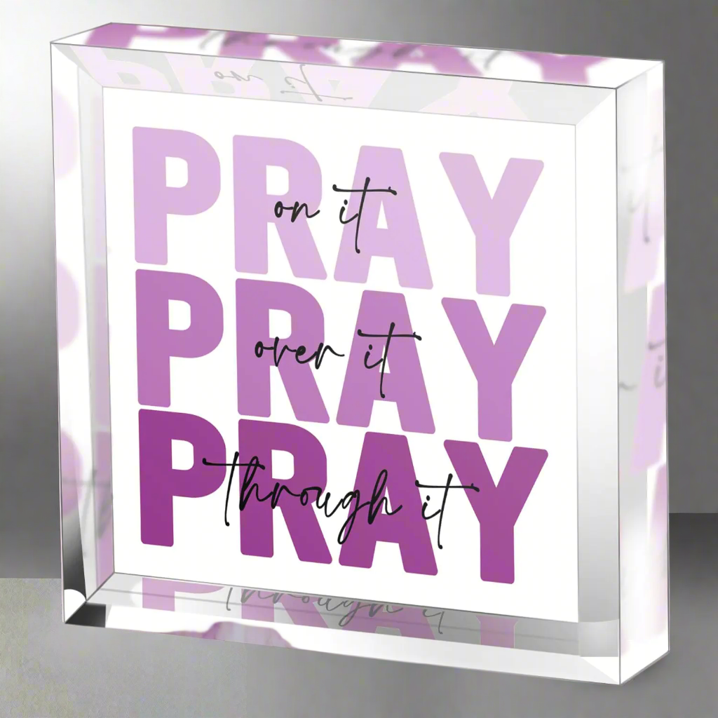Zaxek Purple Christian Gifts for Women by Blooming Violets showcasing a vibrant plaque with the words 'PRAY on it, PRAY over it, PRAY through it.' This stylish Christian decor serves as a thoughtful gift for women, enhances spaces with its faith-inspired message, and adds a pop of purple color.