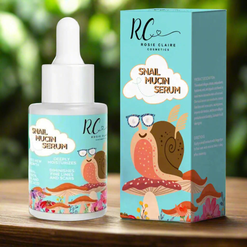 Rosie Claire Cosmetics Snail Mucin Serum with Vitamin C & E displayed in an attractive packaging. This snail mucin serum is part of your perfect skin care routine, offered by Blooming Violets with free shipping. Perfect for enhancing your skincare essentials.