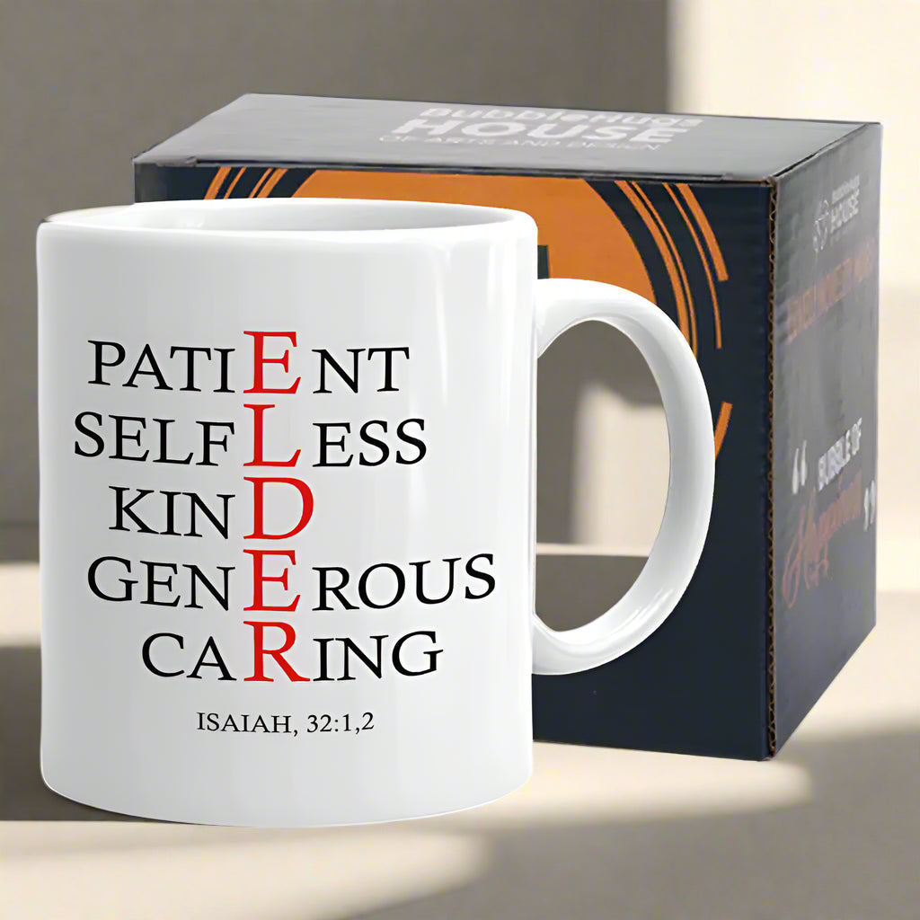 This beautiful religious coffee mug from Blooming Violets showcases the word 'ELDER' in a stylish design, perfect for any occasion such as holidays, graduations, or as a thoughtful gift for someone special. The mug conveys a message of caring and love rooted in scripture from Isaiah, making it an uplifting choice for coffee or tea lovers seeking inspiration in their daily life.