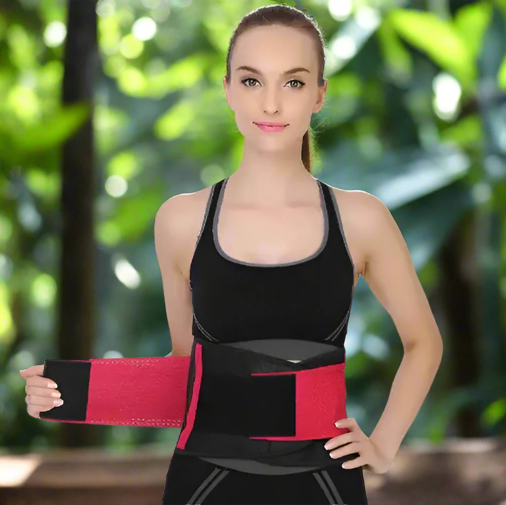 a woman wearing a black and red sports bra