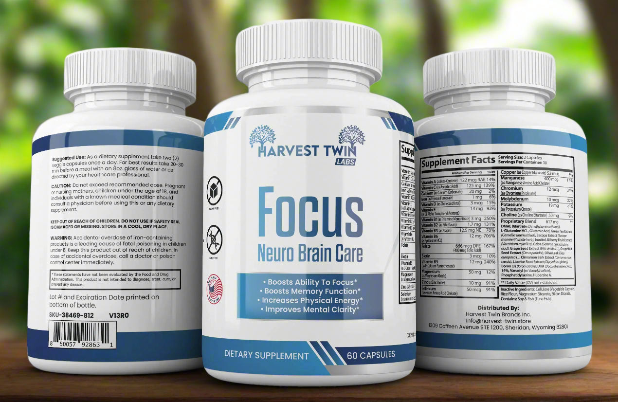A detailed view of Neuro Plus Brain and Focus by Blooming Violets, showcasing the label that emphasizes its role as a focus and concentration aid. The product promotes improved memory and mental energy, making it a great choice for those seeking natural personal care solutions. Perfect for individuals looking to enhance their self-care routine with this brain supplement, also tagged with ADHD benefits and free shipping.
