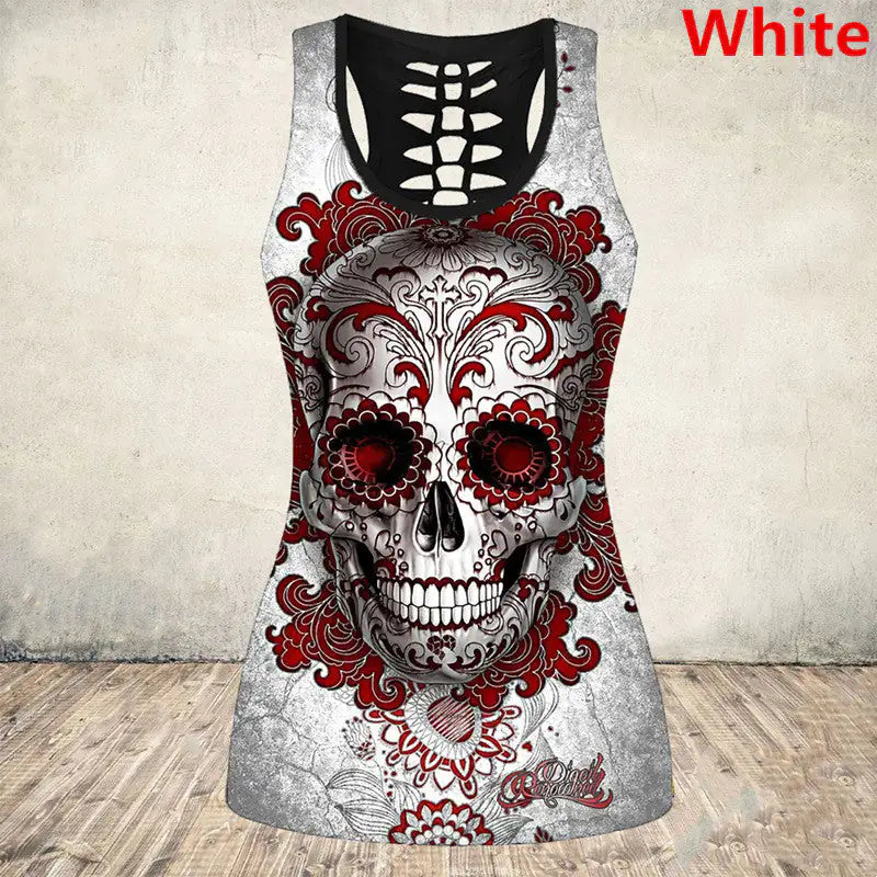 a women's tank top with a red and white sugar skull on it